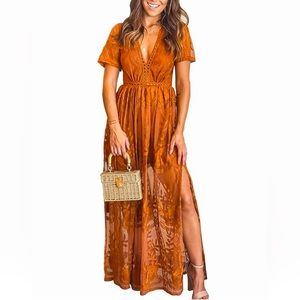 Brand new, Never worn XL Burnt Orange Boho Floral Lace Maxi Evening dress
